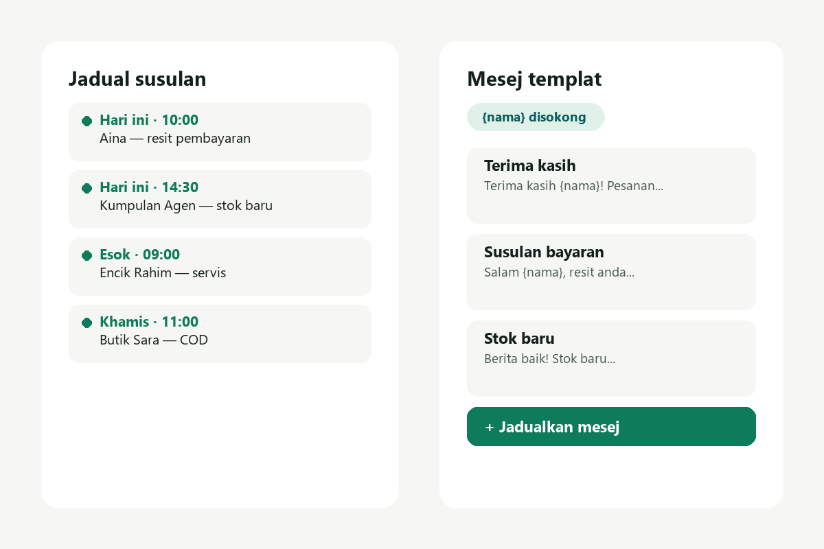 Jadual susulan dan senarai mesej templat Chat Desk